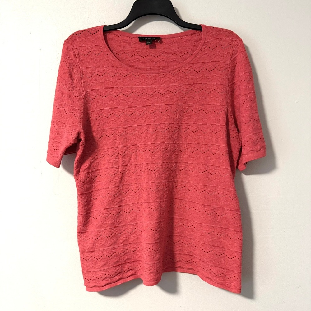 Ann Taylor Coral Pink Pointelle‎ Knit Short Sleeve Top Sweater XXL